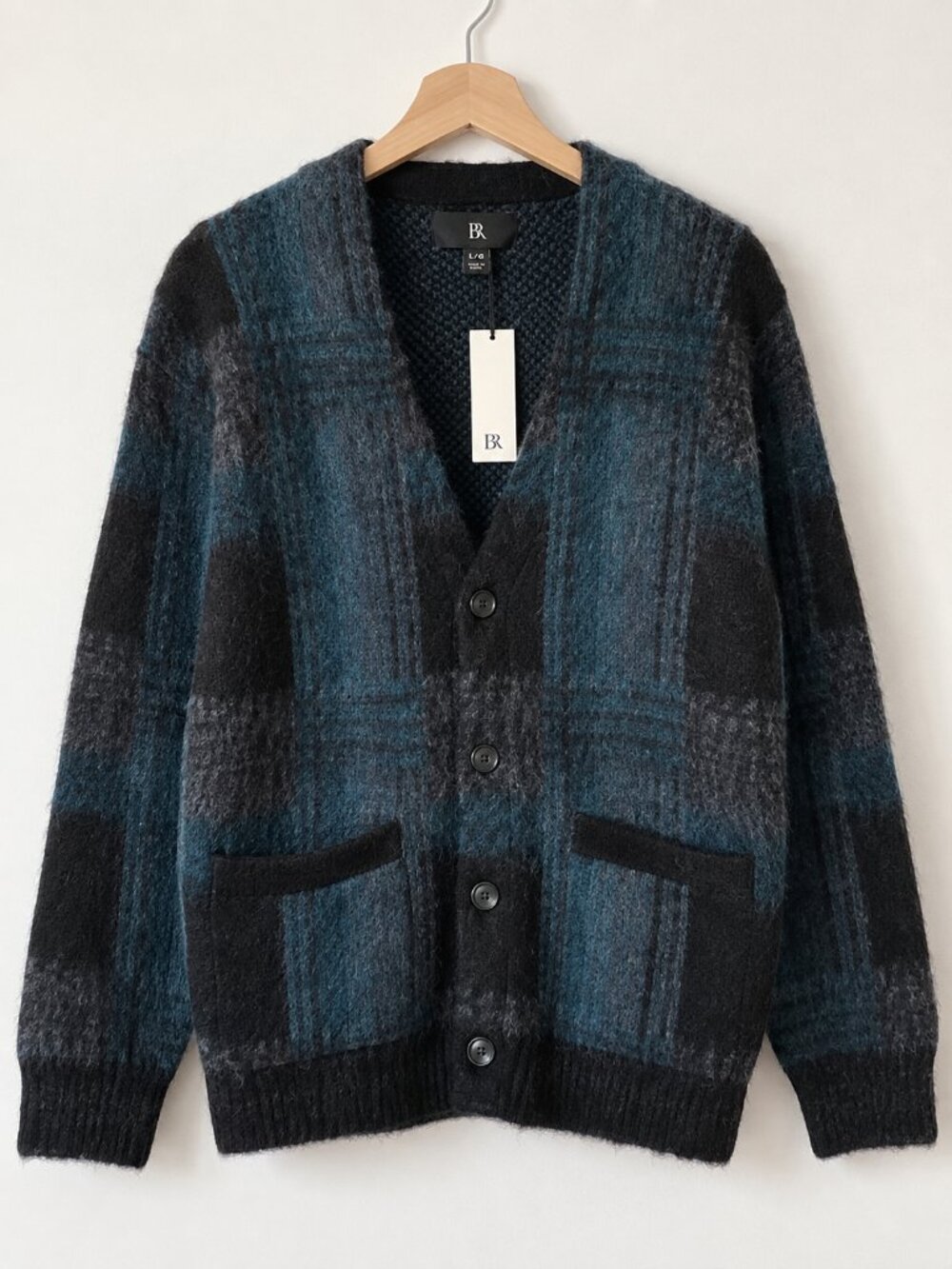 Banana Republic Brushed Plaid Alpaca Wool Cardigan Blue Black L NWT